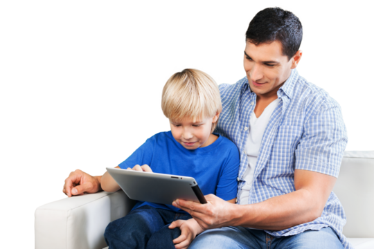 Young father and son using a digital tablet