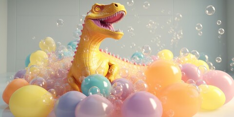 Funny cute dinosaur in bath tube with colourful balloons, having fun. Dinosaur Birthday party concept. AI image. 