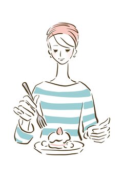 This illustration shows a girl in a pink turban eating cake.