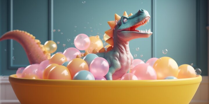 Funny cute crazy dinosaur in bath tube with colourful balloons, having fun. Dinosaur Birthday party concept. AI image.