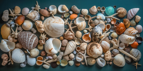 Obraz premium Various white sea shells and corals background. Generative AI