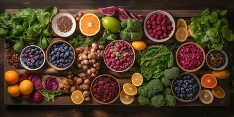 Assorted fresh fruits, vegetables, and nuts in bowls