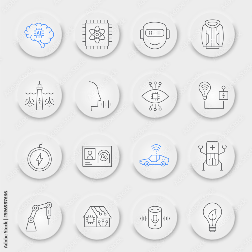 Poster future technology line icon set, innovation symbols collection, vector sketches, neumorphic ui ux bu