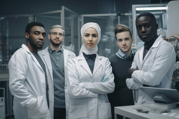 Fototapeta premium Professional multiethnic medical staff looking at camera in modern equipped lab. Diverse team of scientists in white coats smiling at camera working together in hospital laboratory. Generative AI