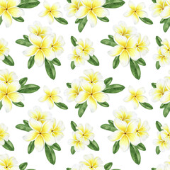 Fototapeta na wymiar Yellow plumeria flowers. Tropical exotic flowers. Watercolor seamless pattern on a white background. For fabric, wallpaper, scrapbooking, packaging paper