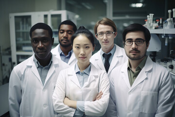 Professional multiethnic medical staff looking at camera in modern equipped lab. Diverse team of scientists in white coats smiling at camera working together in hospital laboratory. Generative AI