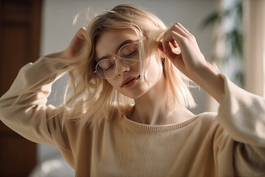 young  woman dancing with her eyes closed alone at home in daytime. Blonde with hair pulled back wears translucent glasses and oversized sweater. Freedom and happy lifestyle concept. Generative AI