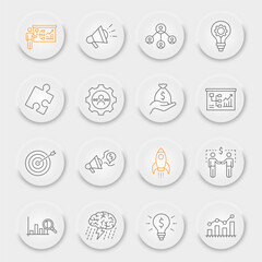 Business strategy line icon set, finance symbols collection, vector sketches, neumorphic UI UX buttons, strategy icons, business signs linear pictograms