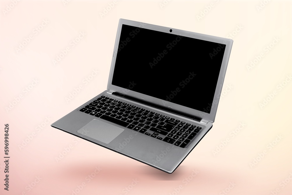 Poster modern laptop computer on color background
