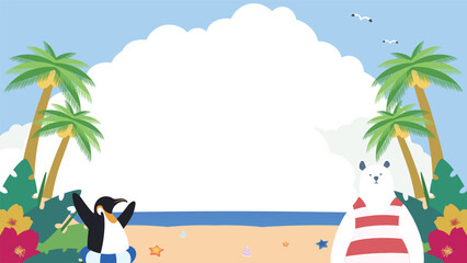 南国の島で夏を楽しむシロクマとペンギンで飾られた夏の背景テンプレート　Summer background template decorated with polar bear and penguin enjoying summer on a tropical island