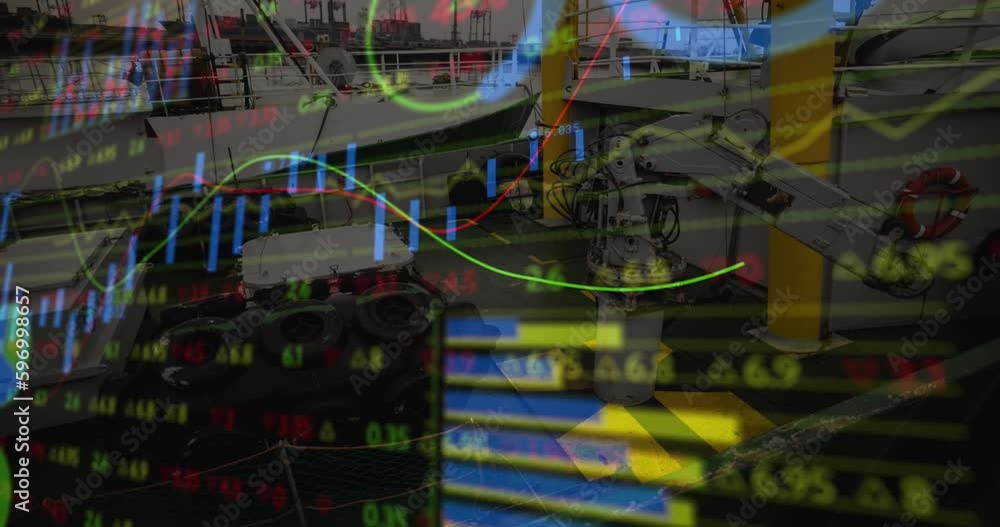 Poster animation of data processing and stock market over port