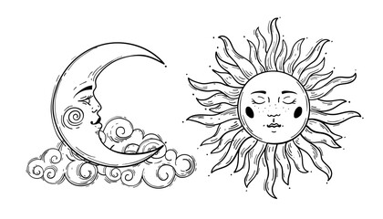 Fototapeta premium Sun and moon crescent with cloud, vintage boho line drawing for astrology, celestial mythological symbols, witch tattoo. Vector illustration isolated on white background.