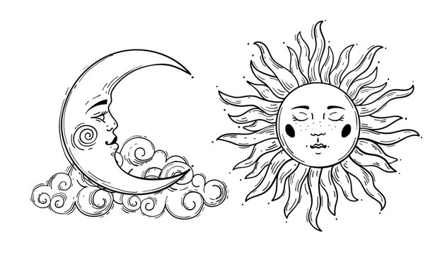 Sun and moon crescent with cloud, vintage boho line drawing for astrology, celestial mythological symbols, witch tattoo. Vector illustration isolated on white background.