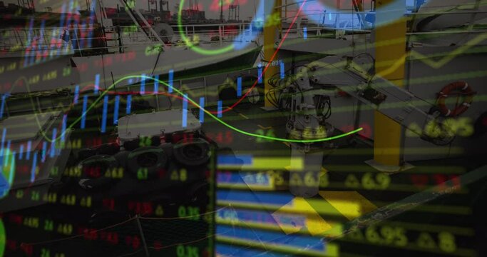 Animation of data processing and stock market over port