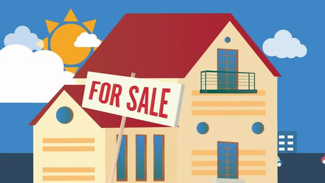 Animation of house with for sale text over busy city