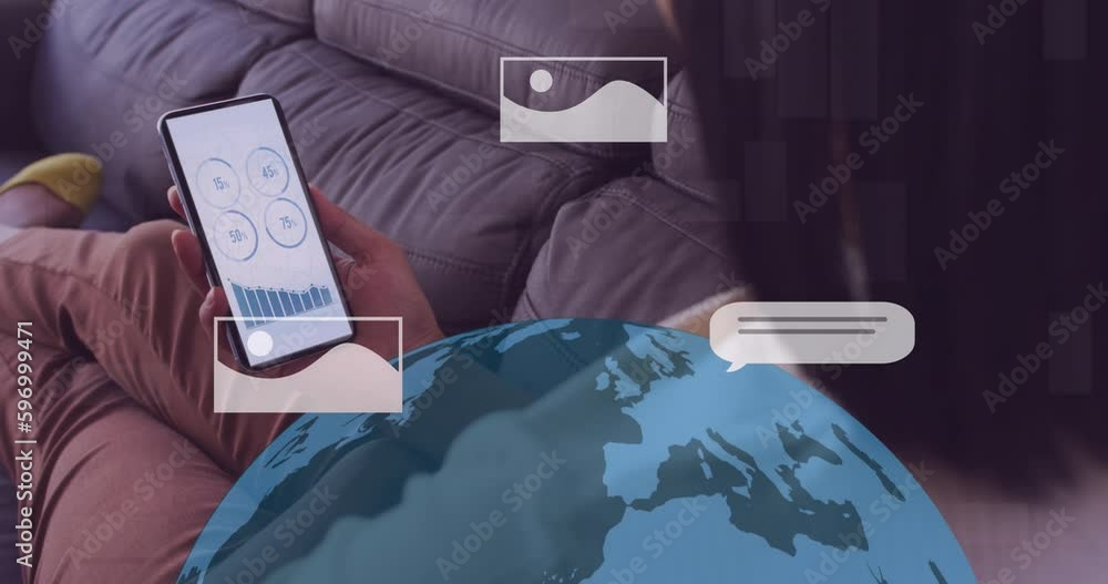 Poster animation of ai data processing over woman using smartphone and globe