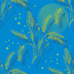 Fototapeta na wymiar Vector Agriculture Seamless Pattern. Wheat field, seamless texture pattern with hand drawn ears, vector abstract illustration in vintage style.