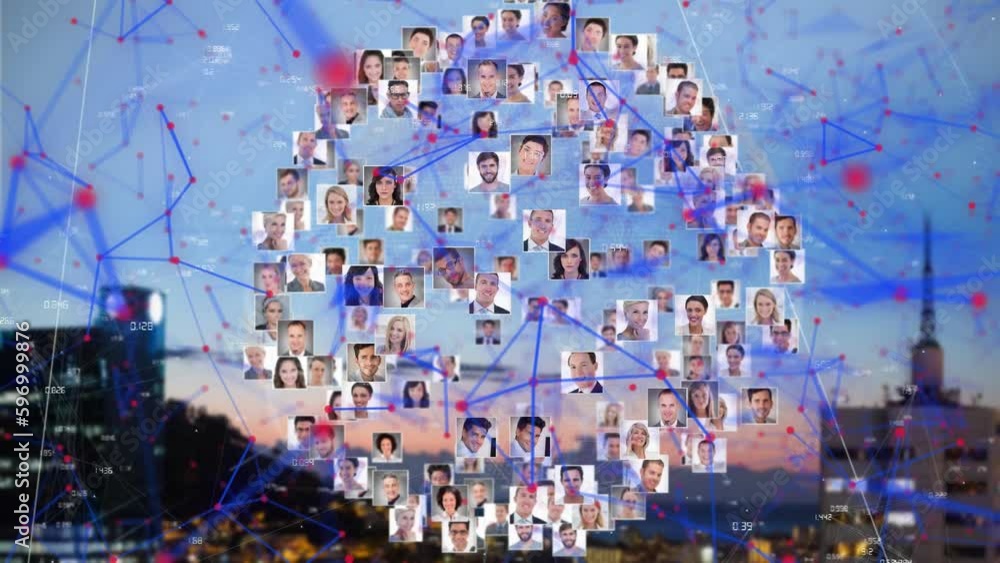 Poster animation of globe and data processing over cityscape