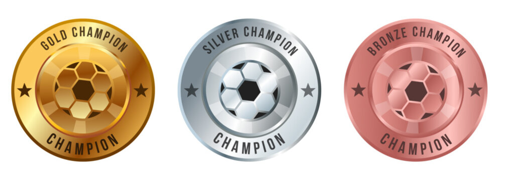 Soccer football medal gold silver bronze champion competition winner emblem round shape shiny medallion