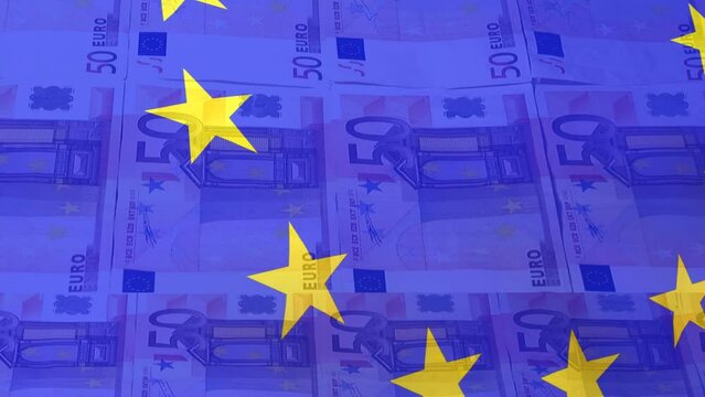 Animation of flag of european union over euro currency