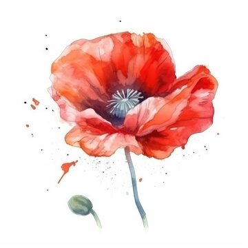 red poppy flower, art illustration painted with watercolors isolated on white background, generative ai