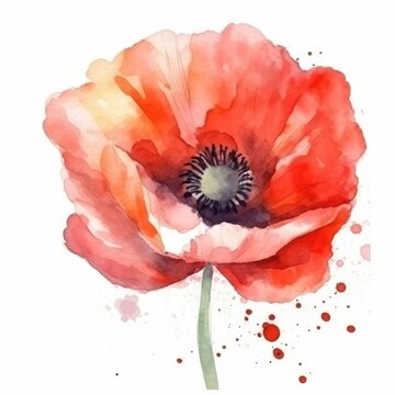 red poppy flower, art illustration painted with watercolors isolated on white background, generative ai