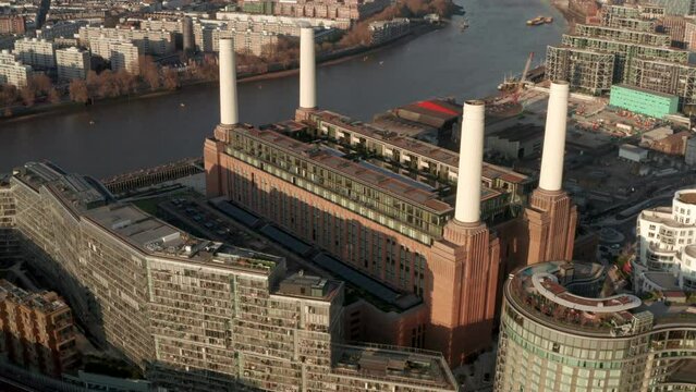 Close-up aerial shot behind redeveloped Battersea power station