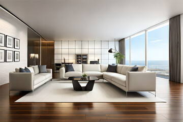 Fototapeta na wymiar Interior design of a living room with a minimalist design, featuring simple furniture, clean lines, and a monochromatic color scheme | Generative AI