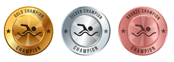 Swim competition sport medal championship winner gold silver bronze badges circle shape