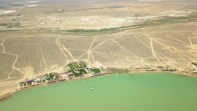 Drone shot of Tudakul Lake in Navoi, Uzbekistan. Vast landscape.