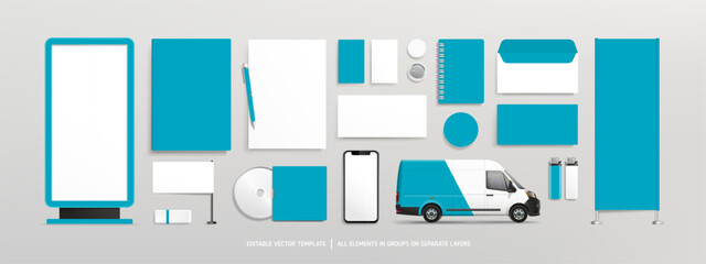 Editable vector Stationery blank mock-up set with blue backgroud for Brand Identity design. Branding stationery blank mockup template of vertical banner, flyer, A4 brochure, car, etc. Promotional Van