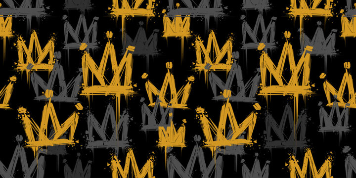 Vector seamless pattern of grunge crowns graffiti tags on black background. Rock n Roll and Punk Rock grunge background.  Endless doodle style hand drawn Crowns backgrownd