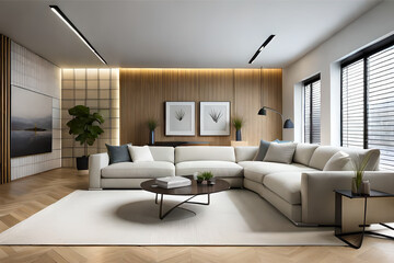 Interior design of a living room with a minimalist design, featuring simple furniture, clean lines, and a monochromatic color scheme | Generative AI