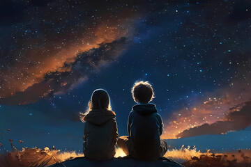 Naklejka na ściany i meble children look at the starry sky