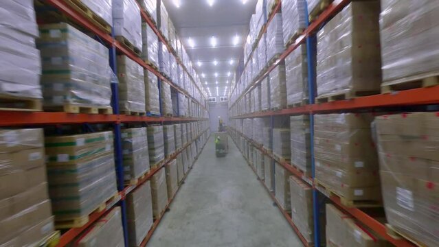Forklifts moving cargo in cold storage facility in warehouse with tall shelves