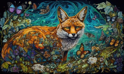 Fox with a paintbrush illustration on background Creating using generative AI tools