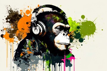 Monkey headphones with splah paint art made with Ai generative technology
