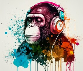 Monkey headphones with splah paint art made with Ai generative technology