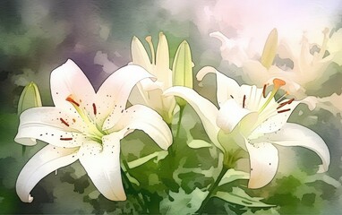 flower lily with green leaves, art illustration painted with watercolors, beautiful floral background, generative ai