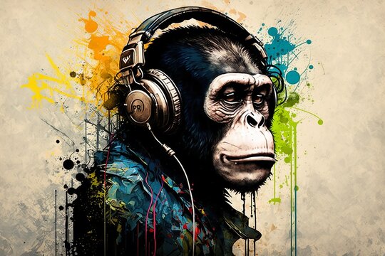 Monkey headphones with splah paint art made with Ai generative technology