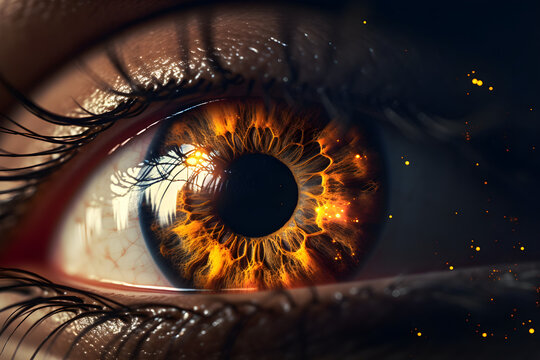 Close up of human eyes, golden iris. Awakening concept photo. fire in eyes. 
Generative AI. 