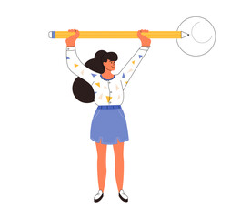 Young woman holding big pencil over her head. Girl Student cartoon character drawing circle with giant Pen. Flat vector illustration isolated on white background