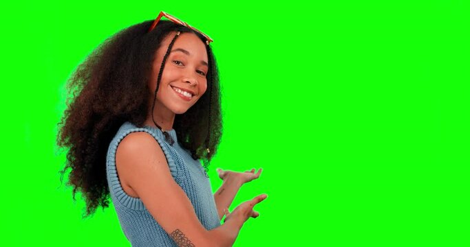 Face, green screen and woman with decision, showing and happiness against a studio background. Portrait, female person and model with hand gesture, opportunity and choice with promotion pr motivation