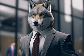 wolf with a formal suit and tie walking in city street created with Generative AI 