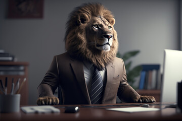 Lion with a formal suit and tie created with Generative AI 