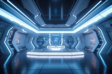 Fototapeta premium Futuristic blue and white spaceship interior with glowing lights. Generative Ai