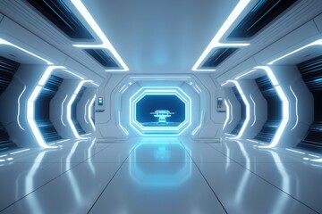 Naklejka premium Futuristic sci-fi tunnel corridor with glowing lights. Generative Ai