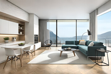 Obraz na płótnie Canvas Interior design of a living room with a minimalist design, featuring simple furniture, clean lines, and a monochromatic color scheme | Generative AI