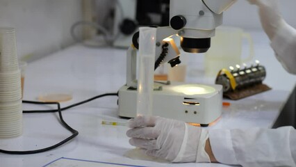 Scientist in the lab analyzing water from aqua farming tank with Brine shrimps