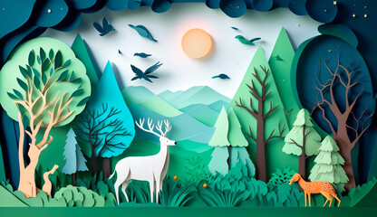 paper art style ecology concept ecosystem jungle animals and plants